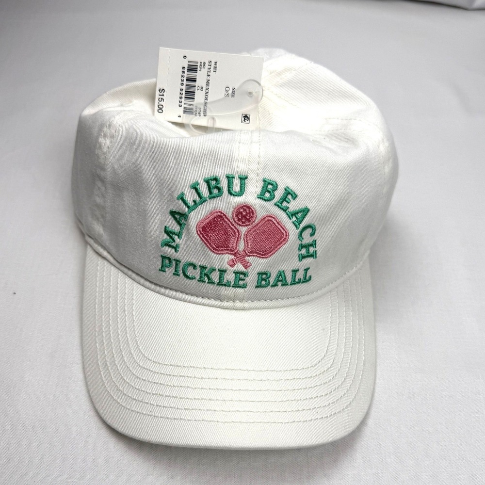 Mighty Fine Malibu Beach Pickle Ball Baseball Cap White Cotton Adjustable NWT
